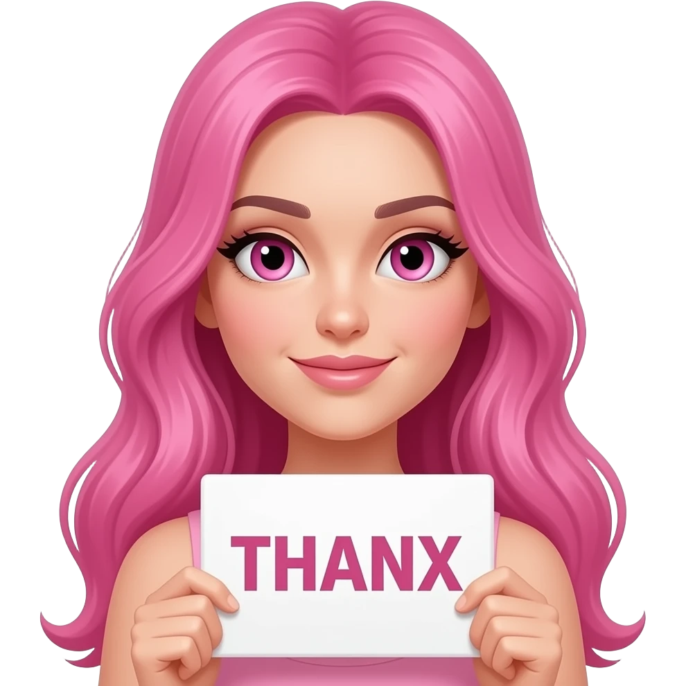sexy girl with long pink hair and pink eyes holding a THANX sign emoji