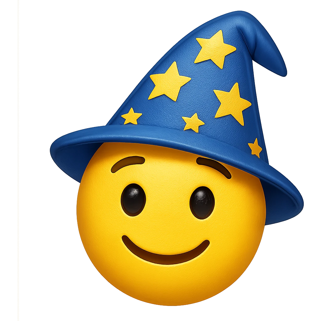 yellow face with blue wizard hat and stars, digital illustration, emoji style emoji