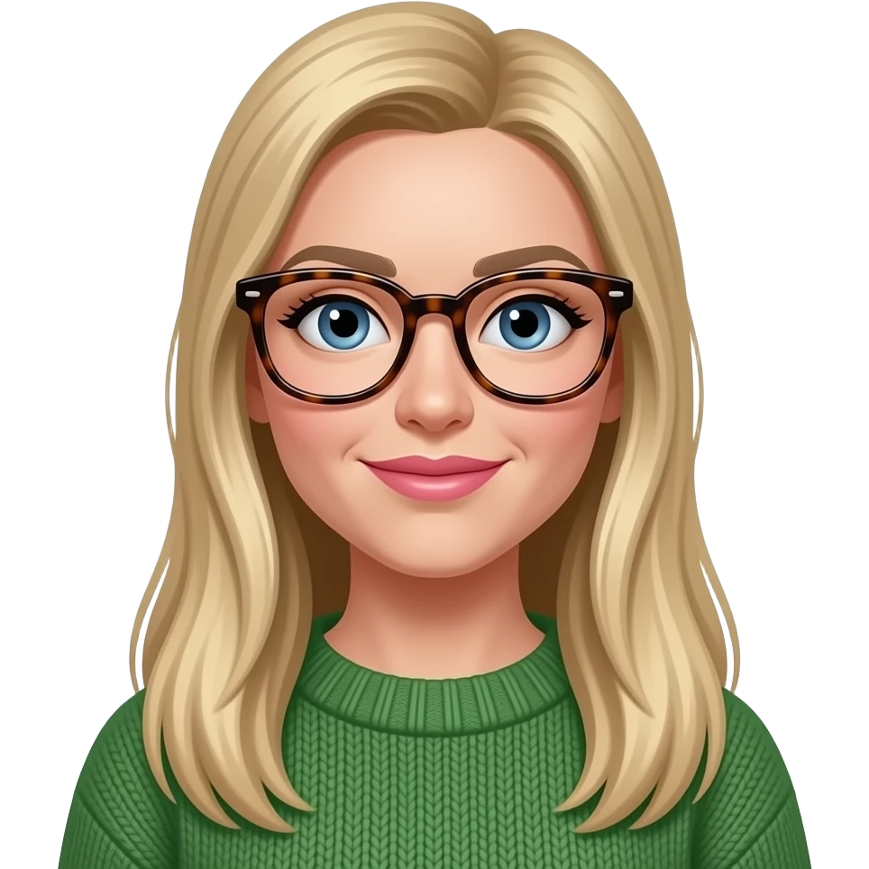 a white woman with long, straight very long dirty blonde hair. she should be wearing thick rimmed tortise shell glasses, pinker lips, wearing a green sweater and have medium sized blue eyes. emoji
