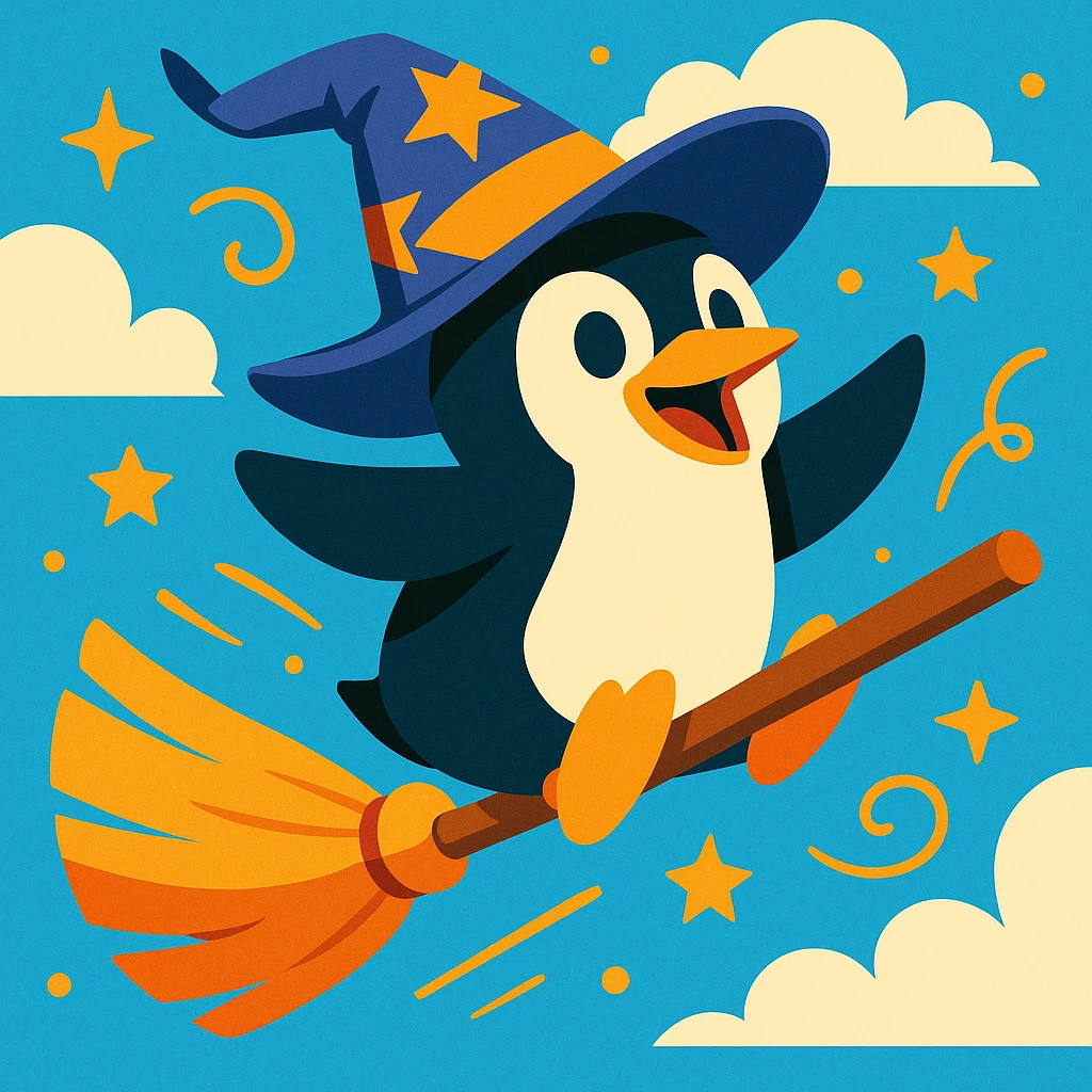 a cartoon penguin wizard flying on a broomstick, with a wizard hat flapping in the wind, playful and magical emoji