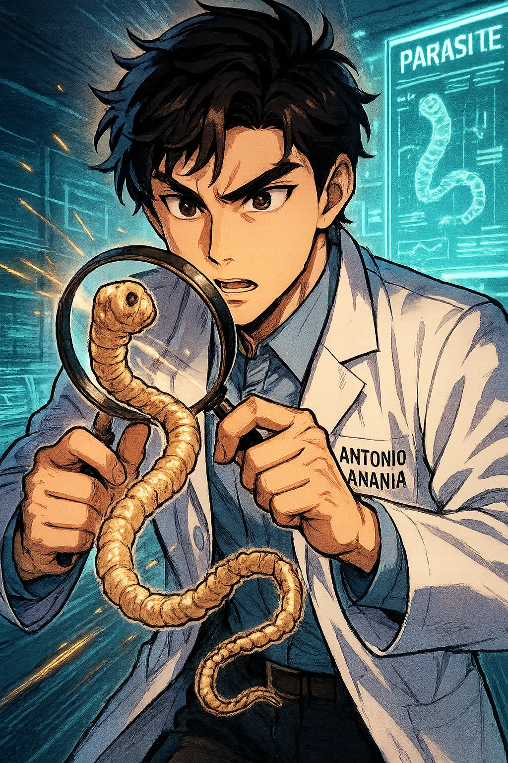 A dynamic manga/webtoon-style illustration of a young male kinesiologist wearing a clean white lab coat, analyzing light beige worms like a tapeworm under a magnifying glass. His expression is focused and slightly intrigued, with sharp, detailed eyes. The art style is vibrant, with bold linework, rich colors, and dramatic lighting. The background is a futuristic laboratory with glowing holographic screens displaying parasite data. The tapeworm is intricately drawn, slimy and segmented, with a slightly exaggerated yet realistic texture. The composition is dynamic, with motion lines or energy effects to emphasize his scientific investigation. The atmosphere is intense but not dark, keeping a balance between scientific seriousness and stylish manga aesthetics, he has "ANTONIO ANANIA" WRITTEN ON WHITE LAB COAT emoji