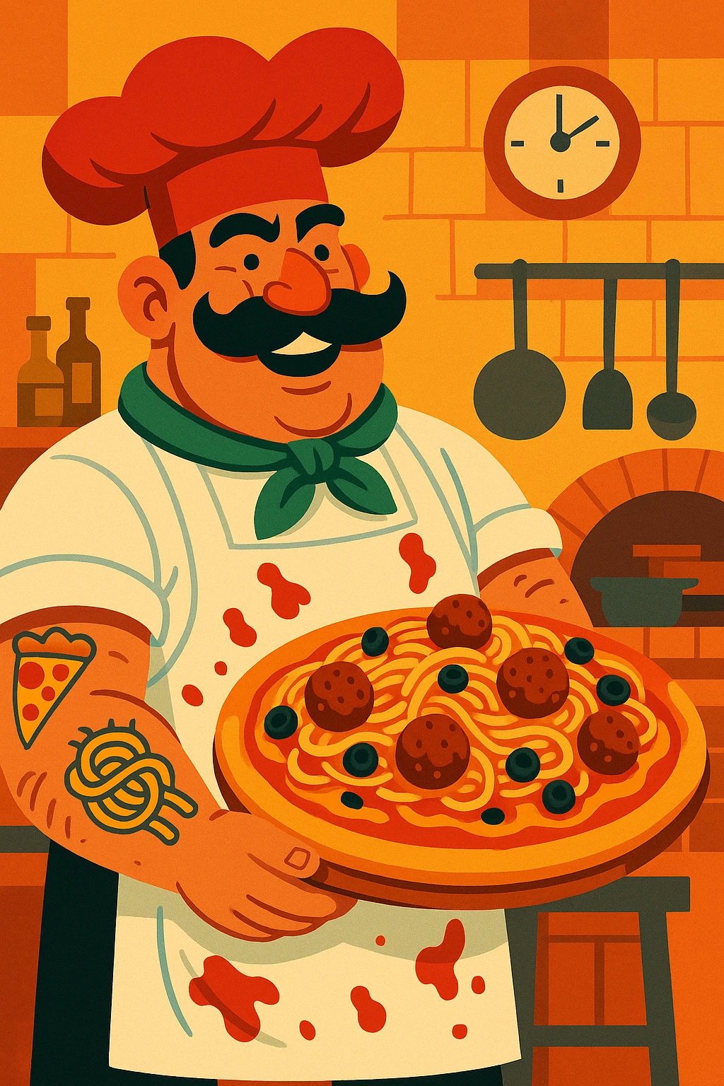 A tall, burly Italian chef with a thick black mustache and a big red chef hat, wearing a white apron stained with tomato sauce. He’s holding an oversized, loaded pizza topped with spaghetti, meatballs, and olives. His tattooed arms show pizza and pasta motifs. Colorful and cartoonish style with exaggerated features and a lively Italian kitchen background. emoji