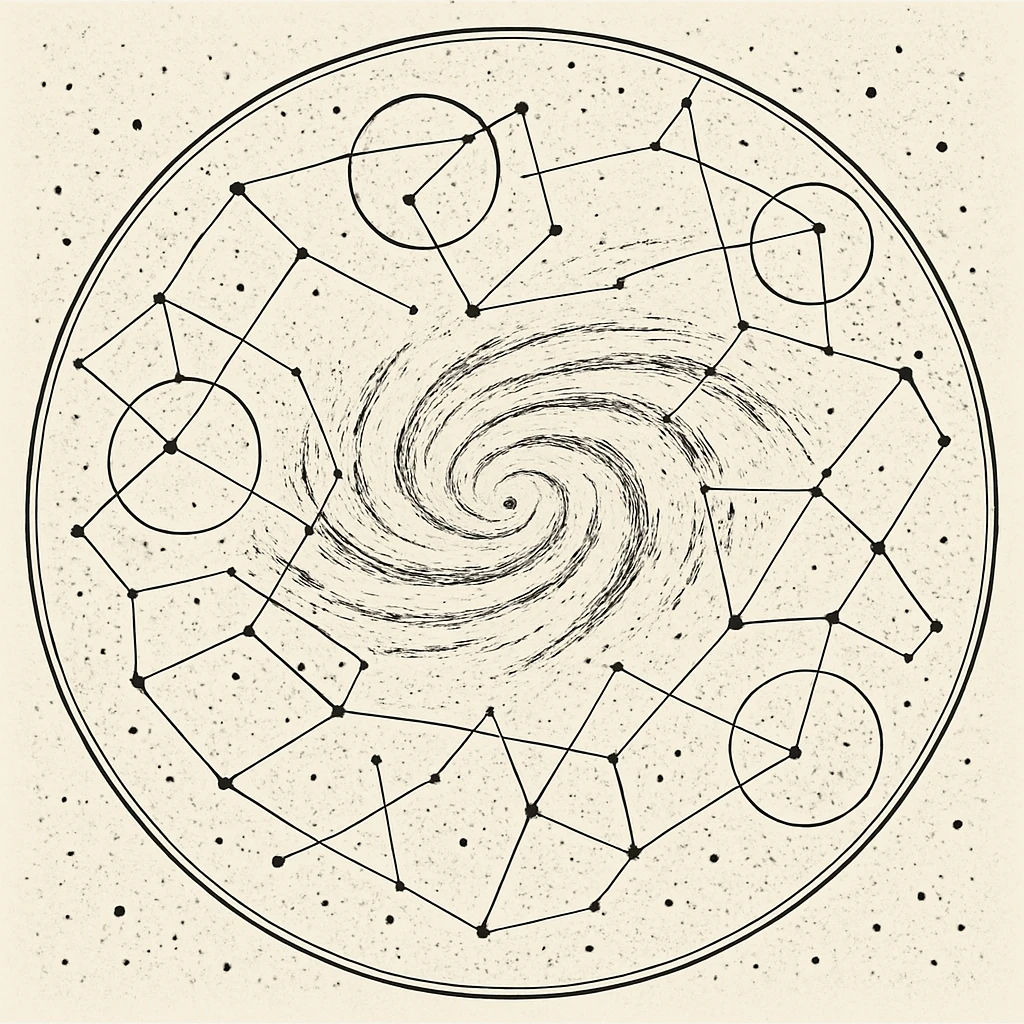 a design for an decorative black and white star map, showing linework of galactic spheres and a constellated ley lines. matrix map. black linework. neat and minimal design, showing expanse and hazards deep into space beyond the galactic core

 emoji