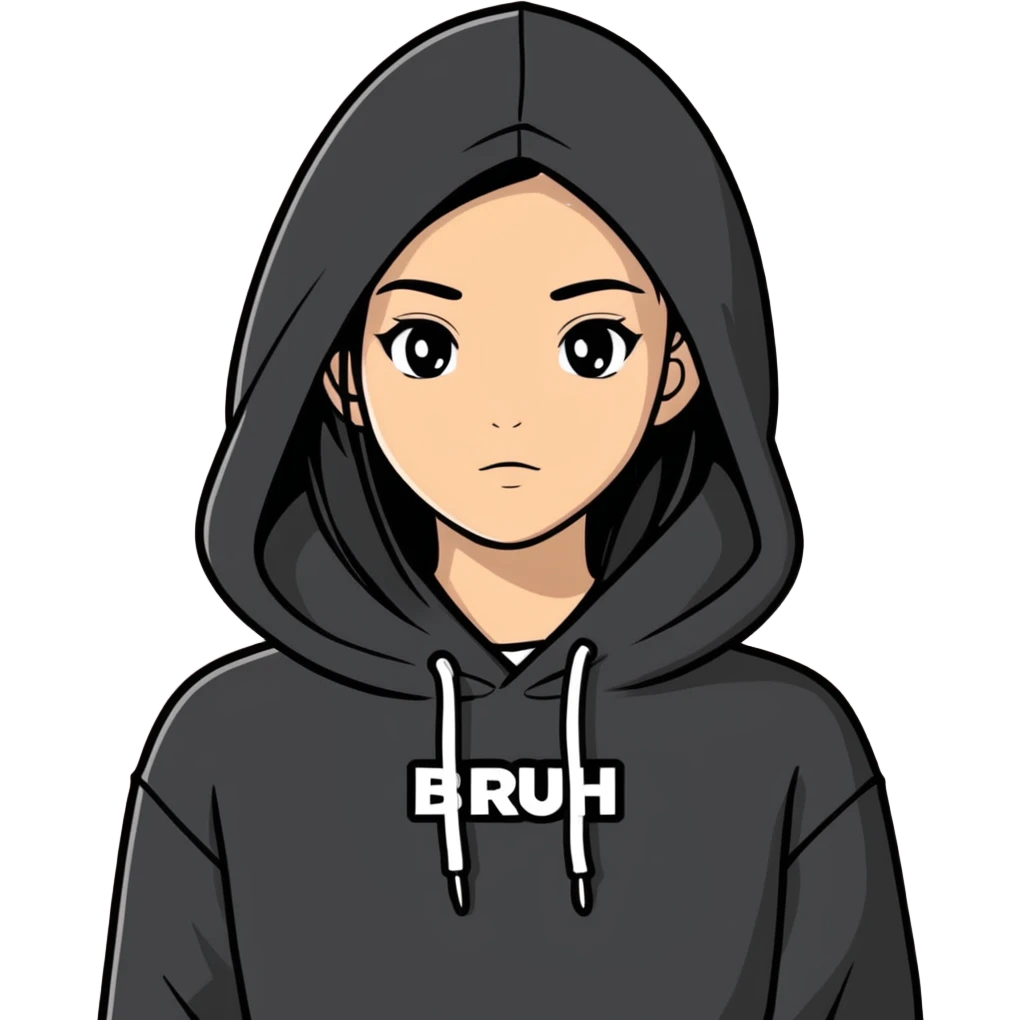 A young lady with straight hair wearing a sweater hoodie that’s black and there’s words on the sweater they say Bruh emoji