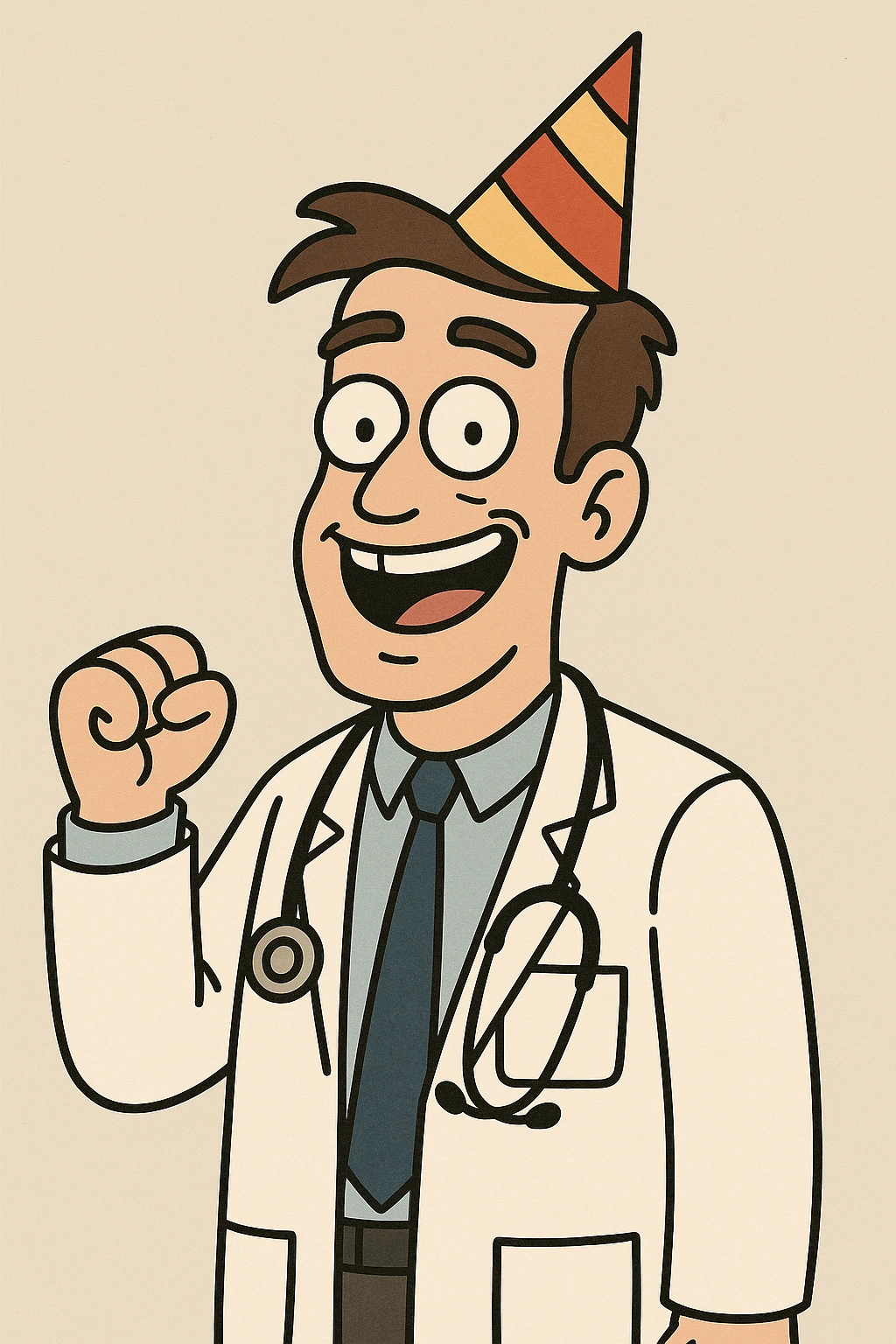 smiling doctor with stethoscope and party hat, minimal style emoji