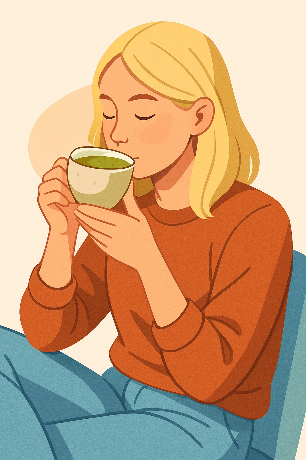 blonde girl drinking matcha, modern illustration style emoji