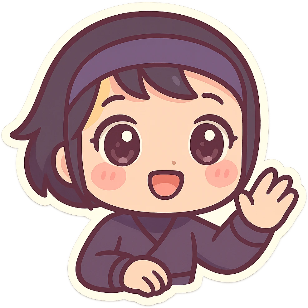 Kawaii chibi ninja girl with black short hair and a blonde streak, only head and arms, super cute, big sparkling eyes, rounder face, smaller mouth, extra soft colors, colorful chibi style, bold outlines, no mask, hand halfway up, smiling, sized for Twitch emoji use. emoji