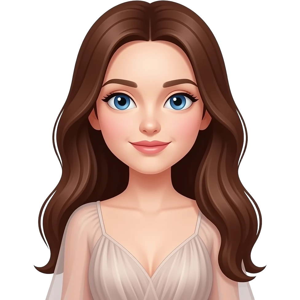 femme, cheveux châtains longs et lisses, yeux bleus pétants, en robe emoji