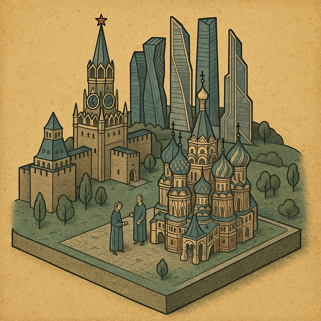 Изометричная миниатюрная 3D модель Москвы на подставке - фотореалистичный Кремль, собор Василия Блаженного, Башни Москва-Сити, аккуратная детализация, яркие цвета, мультяшный реализм, компактная композиция,  вид сверху в изометрии emoji