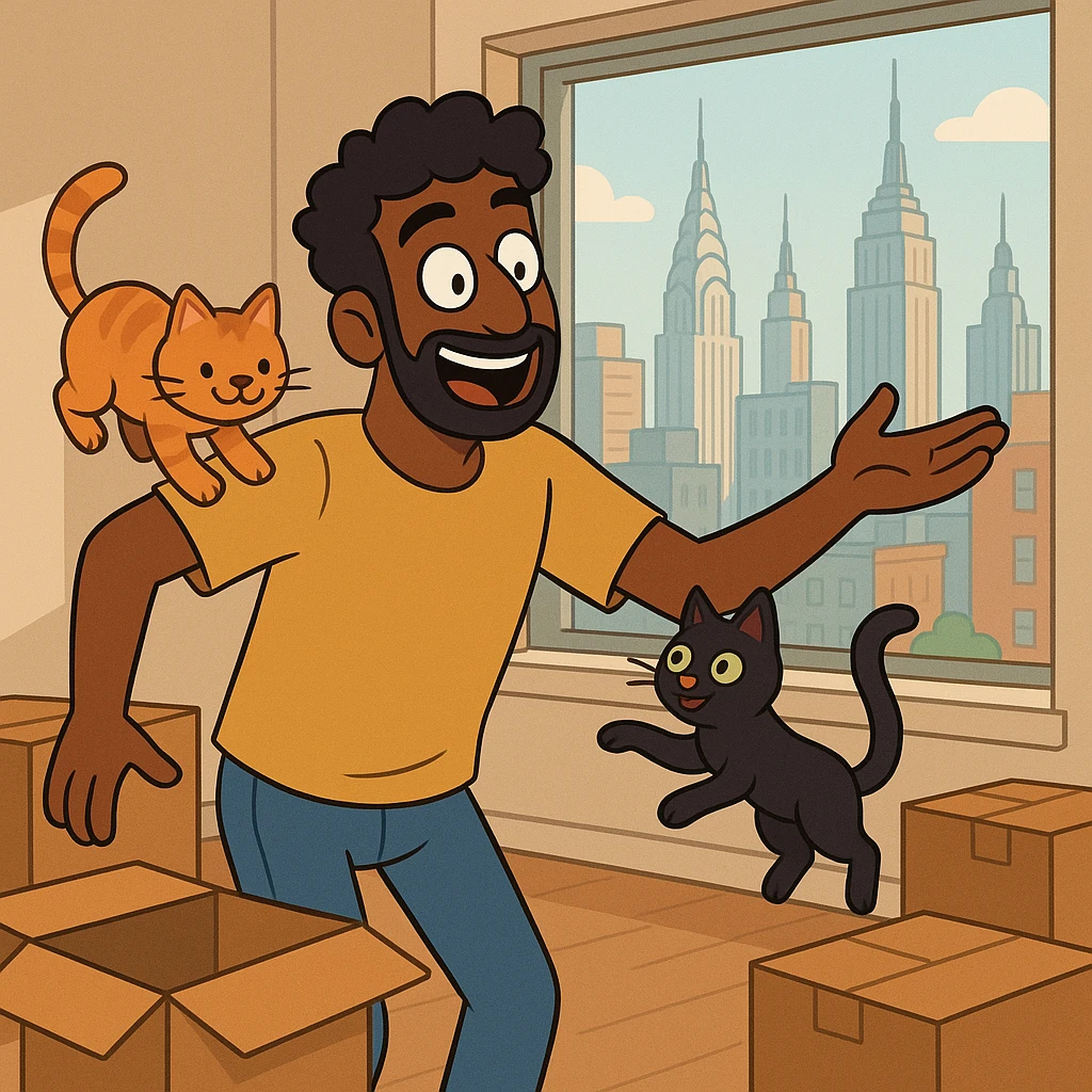 A cheerful Indian Black man and his two cats exploring their new NYC apartment, with moving boxes and city view emoji