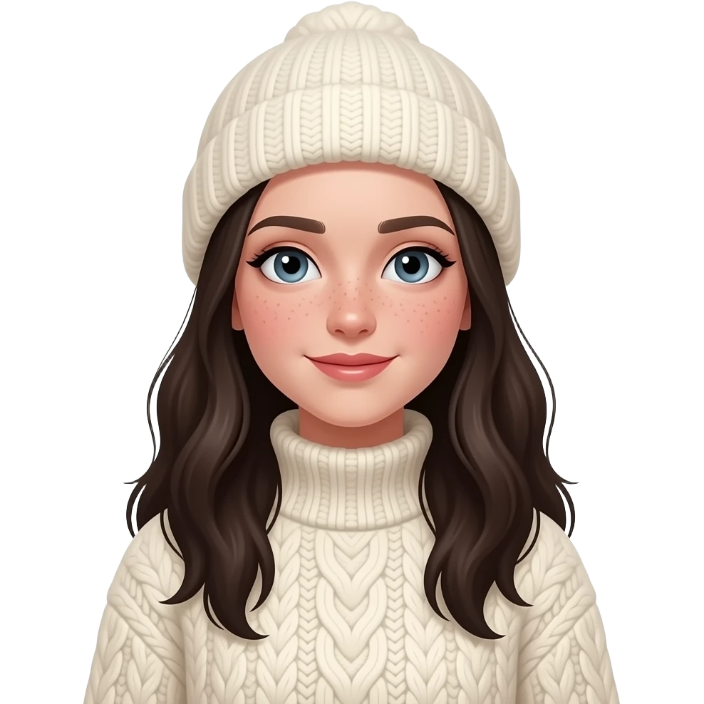 "A beautiful cinematic portrait of a Gen Z girl for January. Wearing cozy cream cable knit sweater and beanie. Cinematic cold girl makeup. Soft morning light, snowy background. photorealistic, fashion style, soft bokeh." emoji