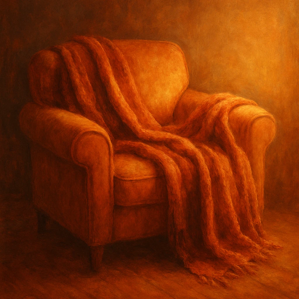cozy armchair with a blanket, warm colors, soft lighting emoji