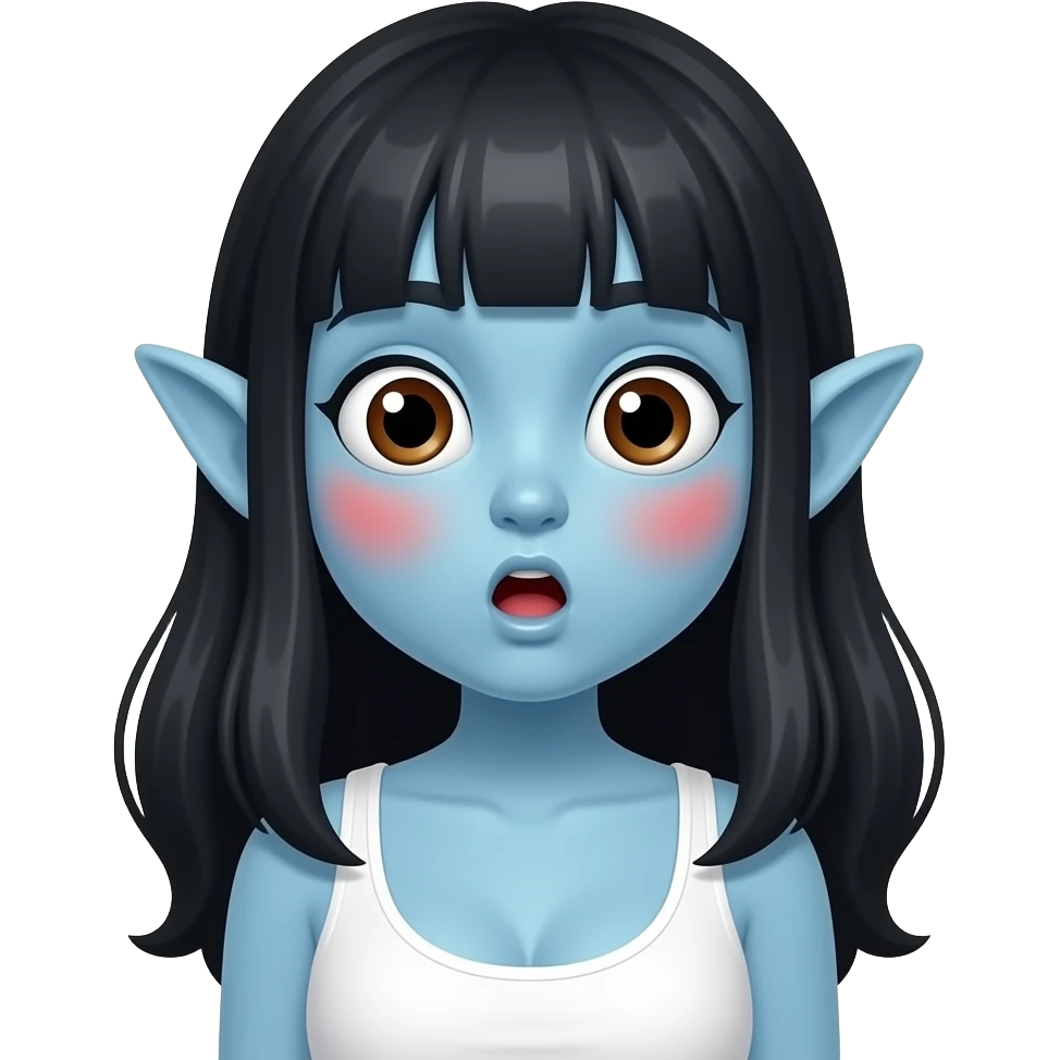 놀란 동공. 커다란 눈. 하얀 동공에 갈색렌즈. 뾰족하고 커다란 귀. 파란색 스킨. 붉은 홍조. 이마 주름은 없고 입은 O모양. 앞머리있는 검정 긴생머리. 흰색 나시를 입고 큰 가슴 emoji