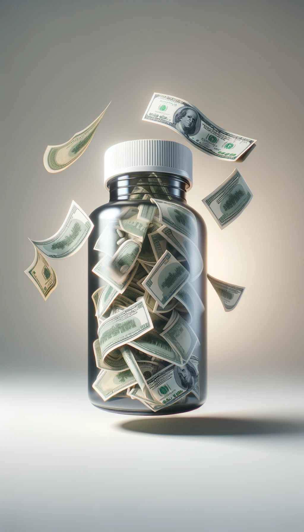 boccetta di integratore fluttua in aria, dalla boccetta aperta escono delle banconote, sfondo neutro chiaro, iperrealistico 4k emoji