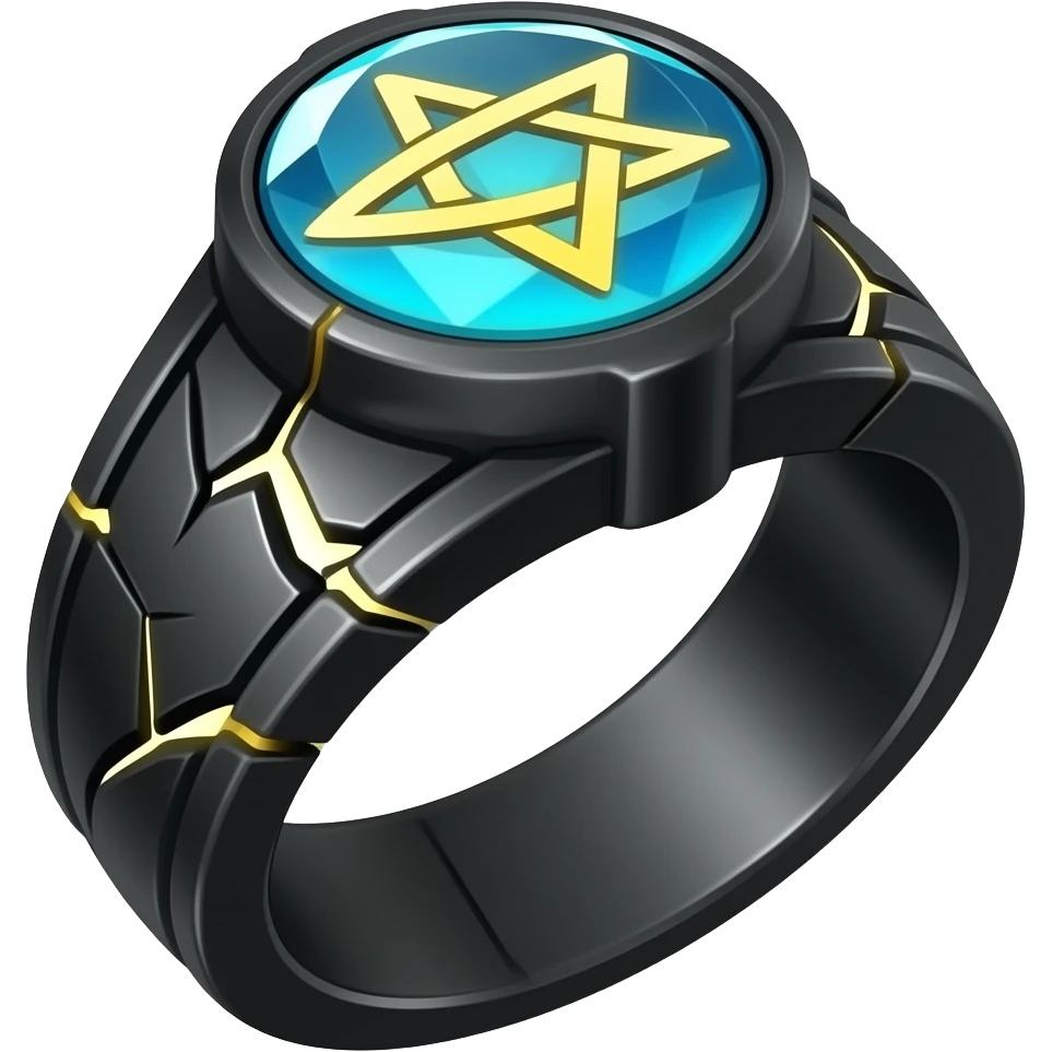 A black ring with with a big gem that's blue with a crack in it that glows yellow that has a pentacle carved into the gem emoji