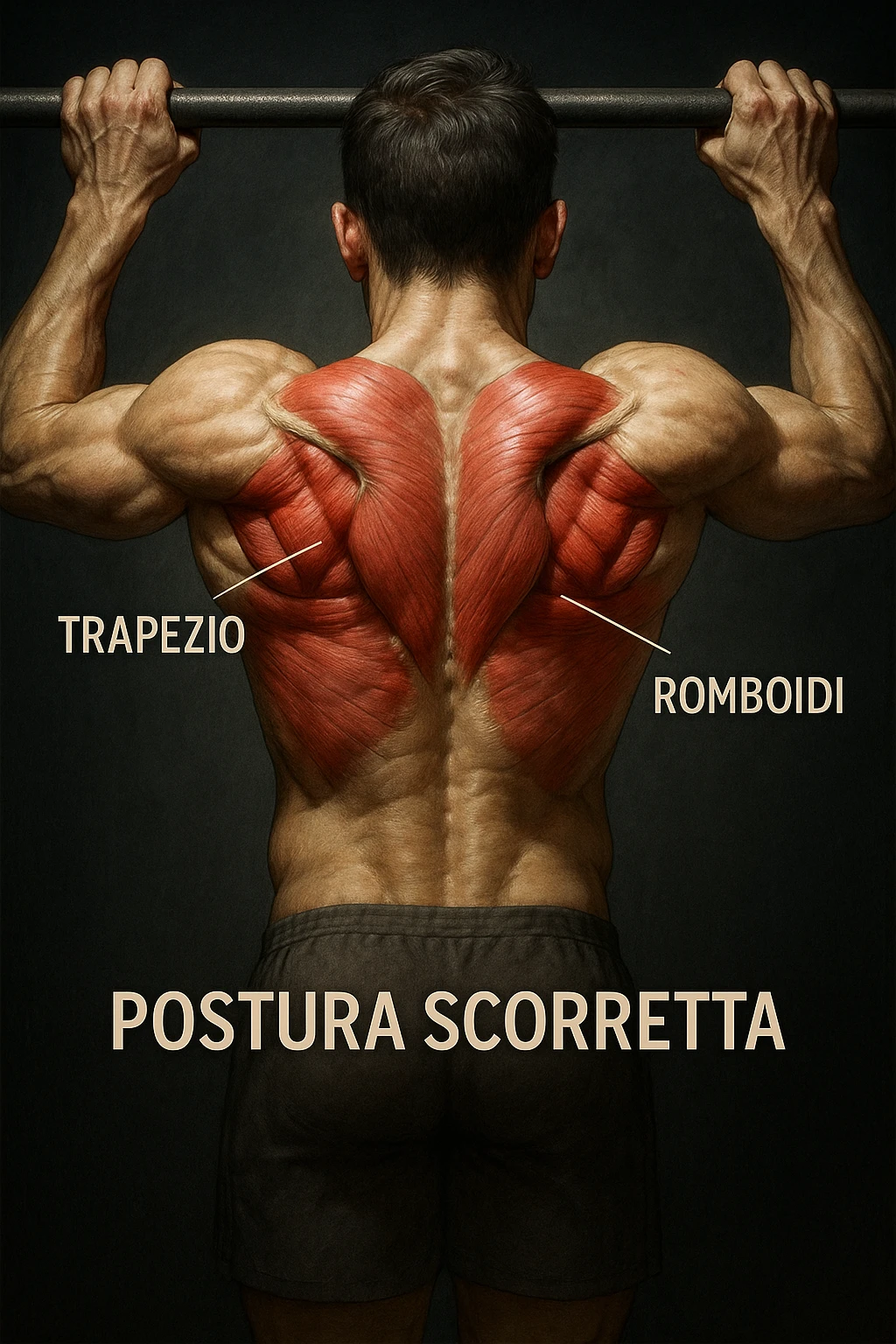 Immagine anatomica realistica e cinematografica di un uomo che fa trazione alla sbarra con attivazione scorretta delle scapole e del dorso, evidenziando i muscoli coinvolti e la postura errata. Luci cliniche drammatiche, didascalie in italiano, formato 2:3. emoji