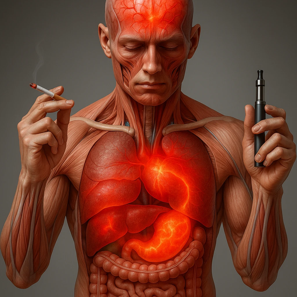 Medical illustration, hyperrealistic 4K, realistic anatomical human body, inflamed liver and intestine highlighted, holding a lit normal cigarette in the right hand and an electronic cigarette in the left hand, clear background, extremely detailed, same lighting and style as the reference image. emoji
