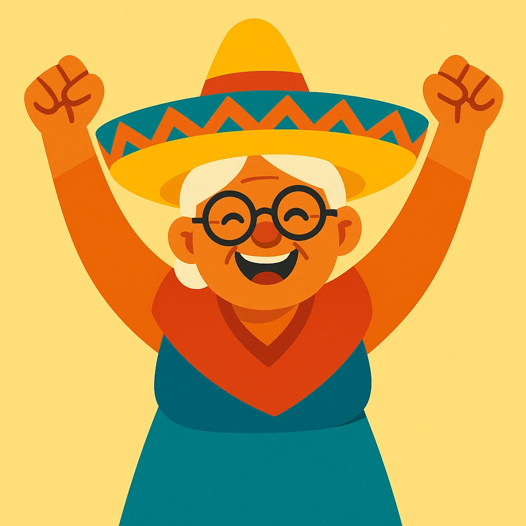 smiling grandma with a sombrero, both arms lifted high, celebratory emoji