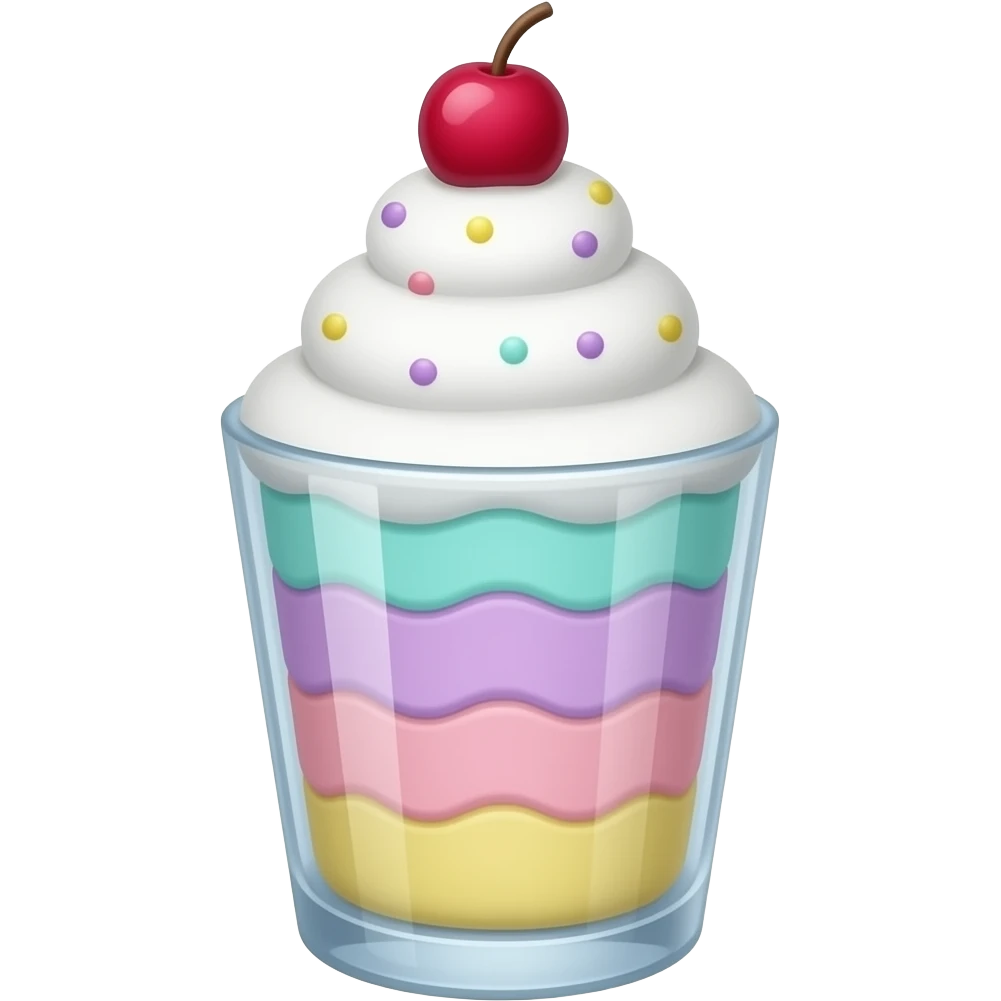 sundae dans un verre transparent, multicolore pastel clair, turquoise mauve rose jaune, étagé emoji
