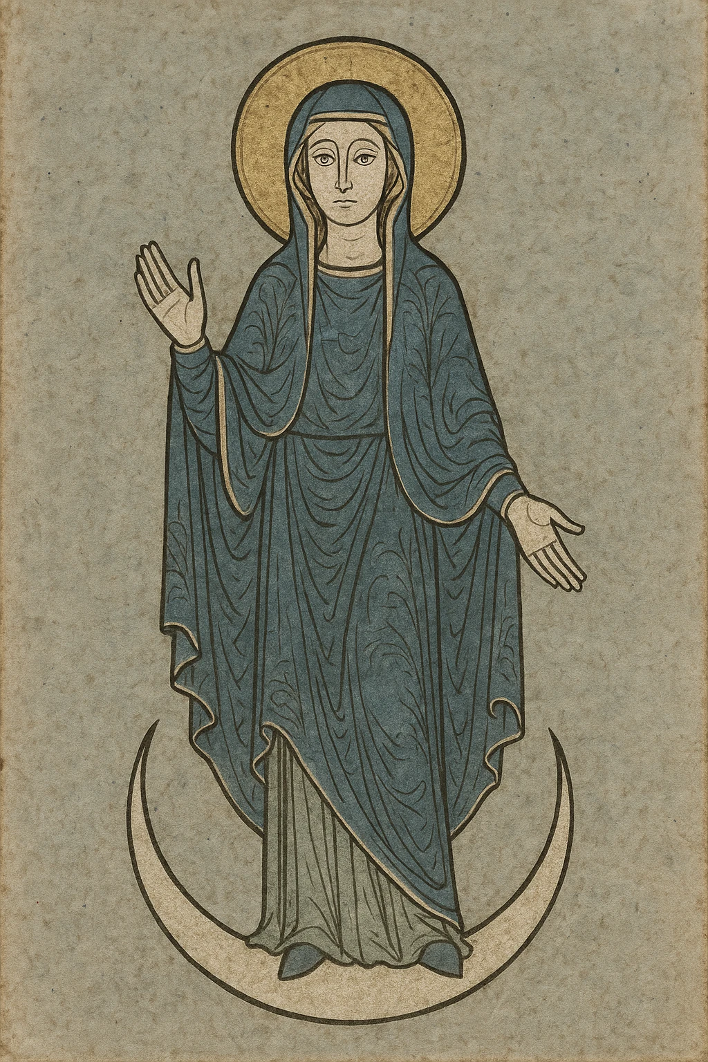 Vierge Marie, style médiéval, auréole dorée, manteau bleu, debout sur un croissant de lune, fond étoilé emoji