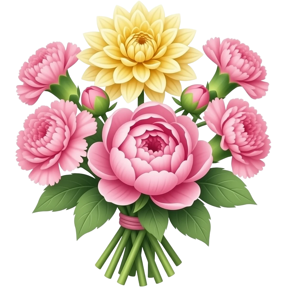 bouquet of pink and yellow dahlia and carnation and peonies flowers emoji