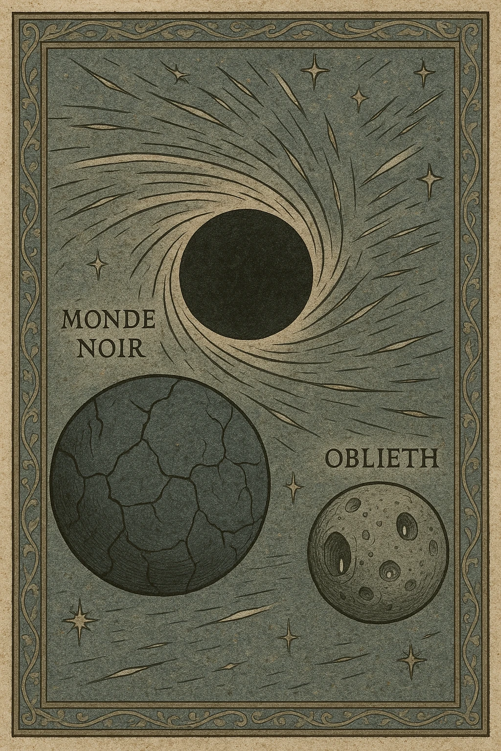 map of dark back ward -“A dark cosmic region orbiting a massive black hole. No sunlight. A dead solar system with twisted planets and moons circling in silence. Monde Noir looms in the foreground — a cracked, obsidian planet with no atmosphere. Its moon, Oblieth, floats nearby, scarred and pitted, with faint green lights glowing from within cave openings. Stars are distorted and streaked by gravitational lensing. The entire scene is heavy, quiet, and surreal.” emoji