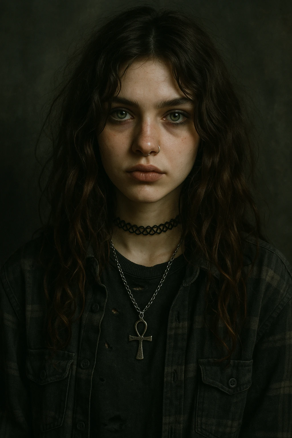 a girl with wavy long brown hair, green eyes, grunge style, semi-realistic style emoji