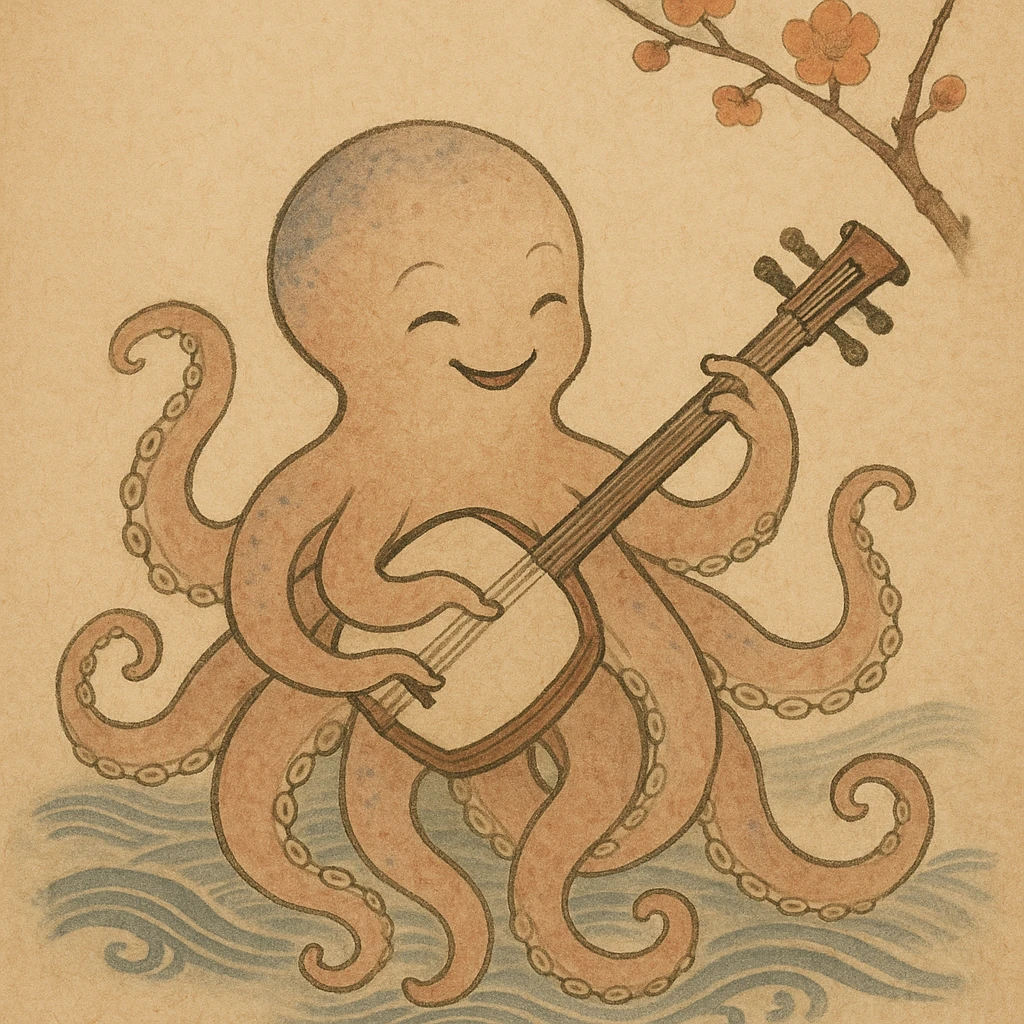 happy octopus with multiple arms playing guitar emoji