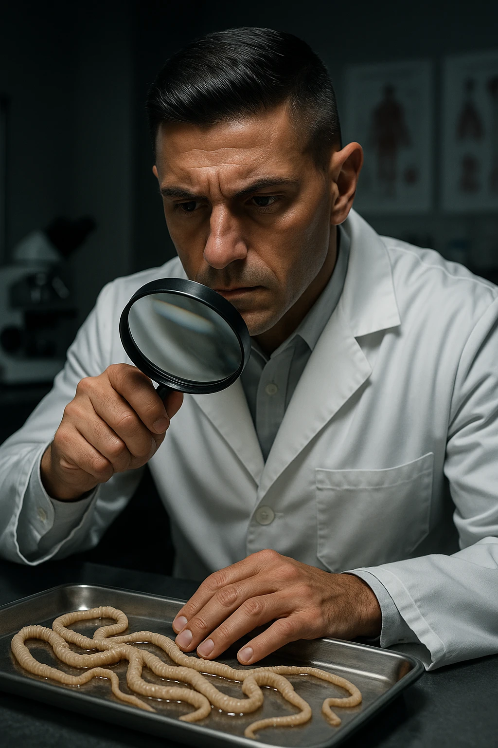 A middle-aged male kinesiologist wearing a pristine white lab coat, intensely analyzing long, beige tapeworms (like Taenia) under a magnifying glass. His expression is focused and slightly concerned, with dramatic studio lighting casting sharp shadows. The parasites are highly detailed, moist, and textured, stretched across a sterile metal tray. The background is blurred but suggests a clinical environment—hints of a microscope, medical charts, and clean lab equipment. The style is hyper-realistic, with a cinematic contrast between the bright white coat and the grotesque, organic forms of the parasites. No sci-fi elements, just raw medical realism with a disturbing edge emoji