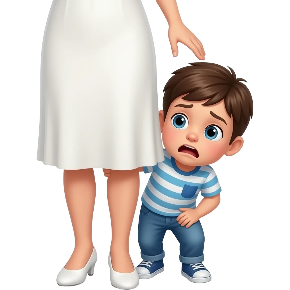 petit garçon peau noir qui a peur, se cache derrière femme blanche, on les voit de la tête aux pieds emoji