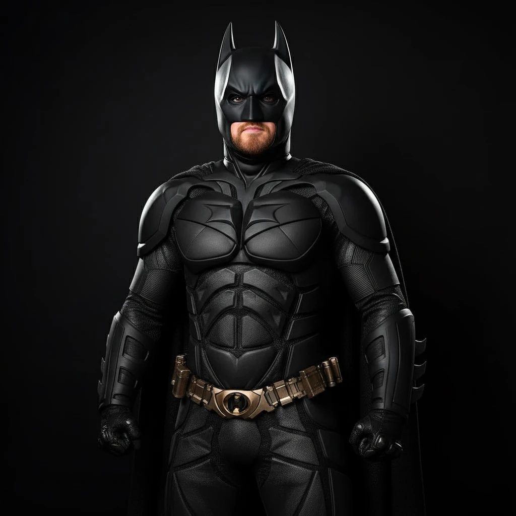 Turn this picture of me into a muscular, buff version of myself wearing the high-tech, black Christian Bale Batman suit from The Dark Knight. Maintain my own facial features but make my physique athletic and superhero-like, standing in a confident pose. emoji