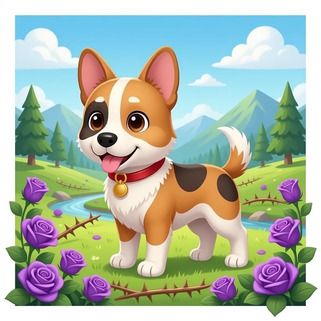 Out line of Cute dogs with purple roses and valley of thorns emoji