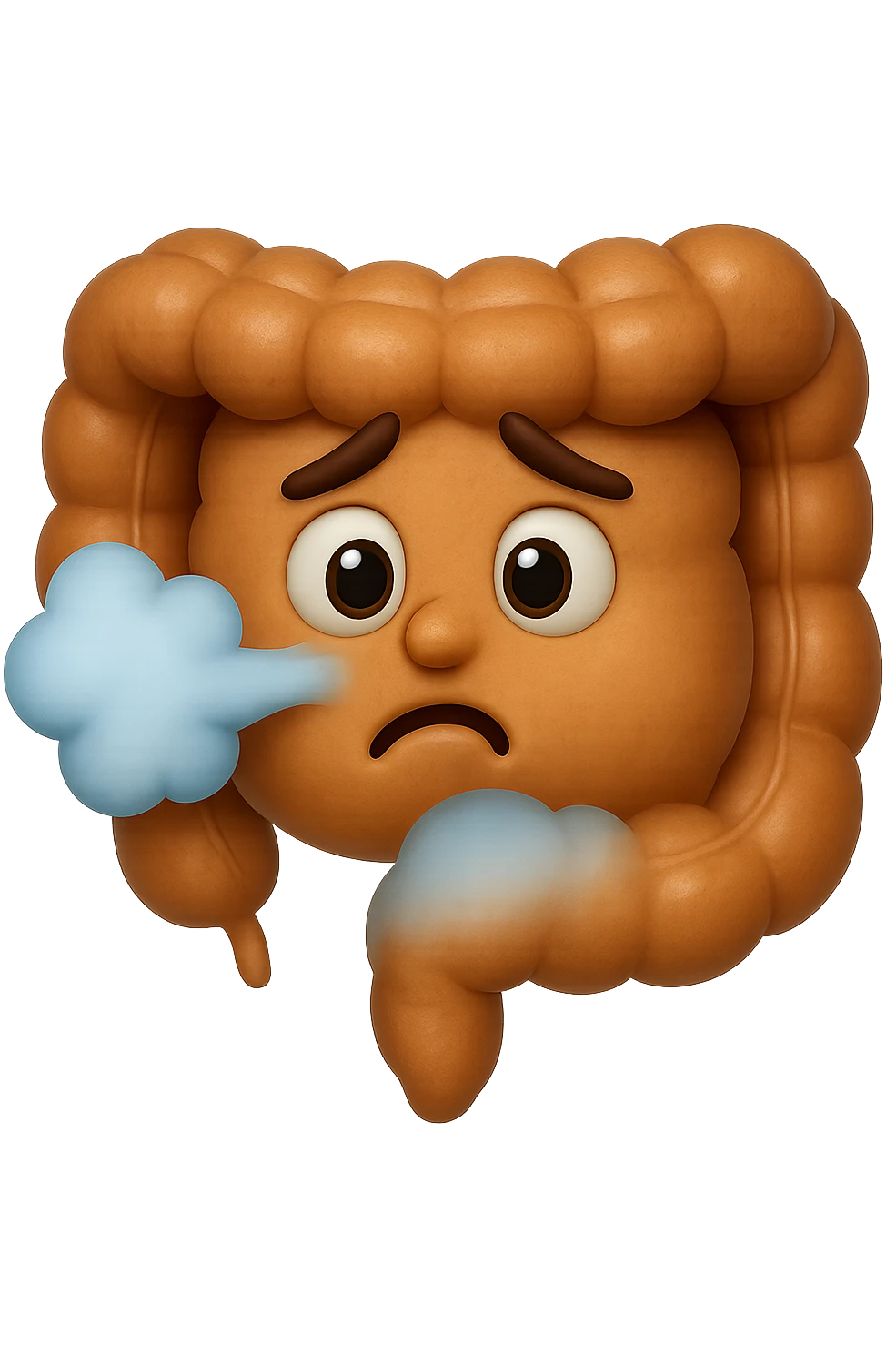 emoji stile iphone di un intestino che ingoia una nuvoletta di aria ben visibile e gli si gonfia la pancia, non fargli il naso, iperrealistico 4k emoji