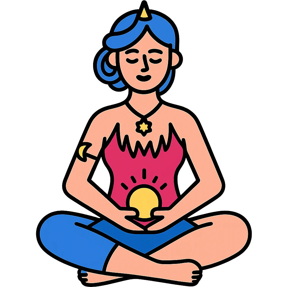 Detailed, feminine, cute vector style illustration of a girl sitting in lotus pose holding glowing energy in her hands. The appearance and style are highly refined as in the reference. Soft lines with shadows and highlights, transparent background. emoji