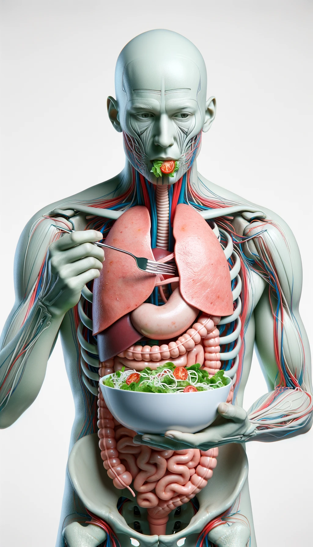 corpo umano anatomico con intestino in evidenza mentre mangia un'insalata con espressione neutra in volto, iperrealistico 4k, isolato su sfondo bianco emoji