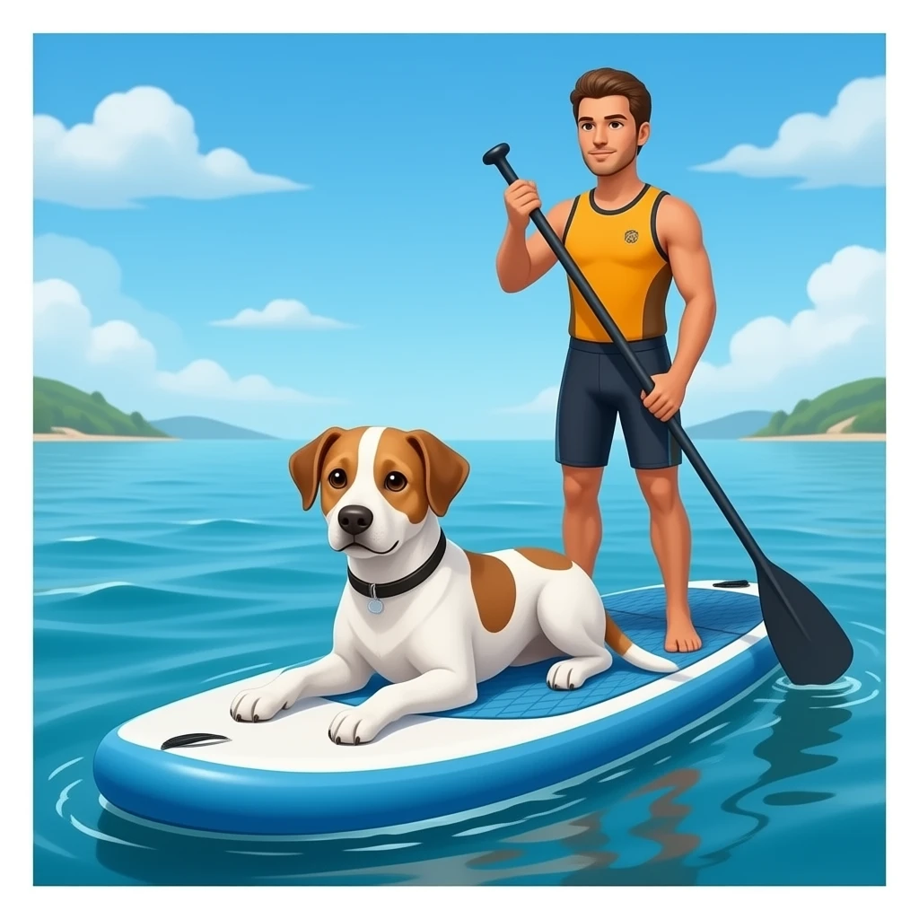 A Podenco portugais white-coffee coloured runner type slim Podenco (joung adult) is lying down sphinx like on a sup in front front of a real paddling standing paddler on the same sup-board in real proportions to the 12.6” board and paddler  on sea emoji