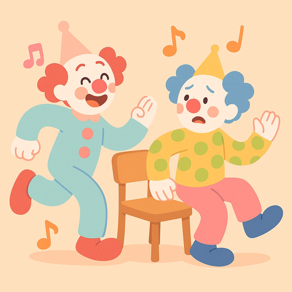 two clowns playing musical chairs, soft colors, cute and whimsical pastel toon style emoji