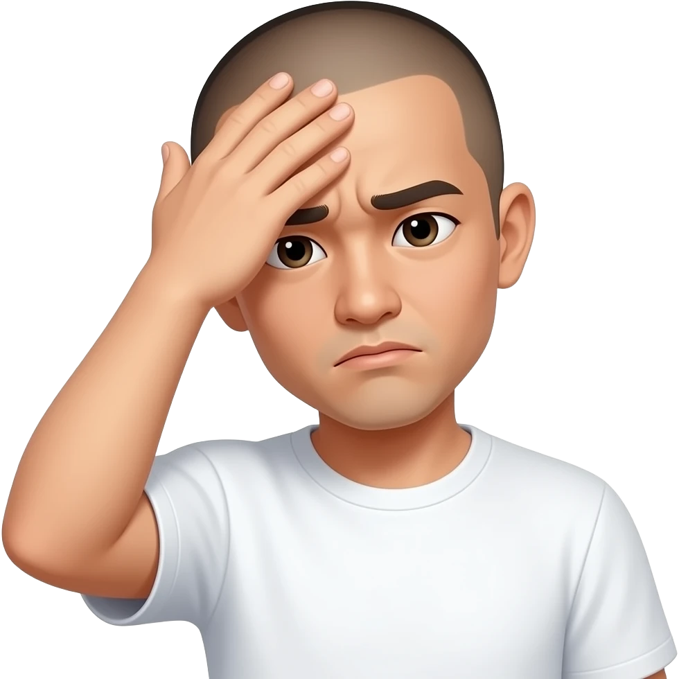 asian guy with shaved head with palm on foreheard covering face shaking his head in disbelief with white t shirt on emoji