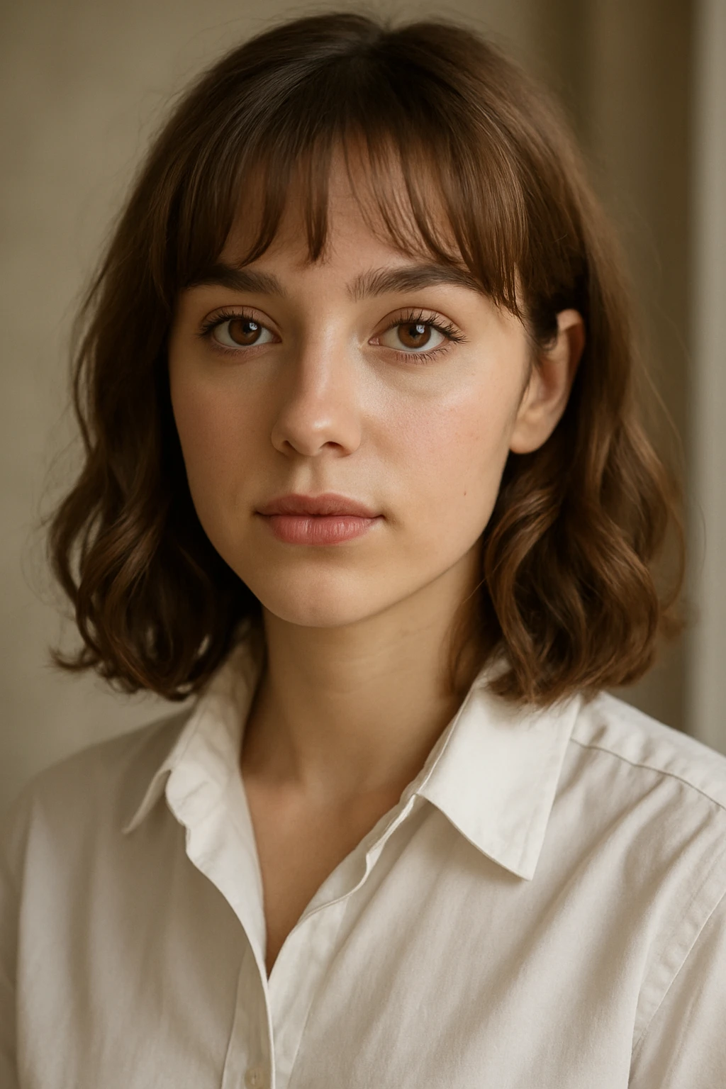 portrait of a young woman, age 22, brown eyes, light brown shoulder-length hair with gentle curls and bangs, light makeup, in a white dress shirt emoji