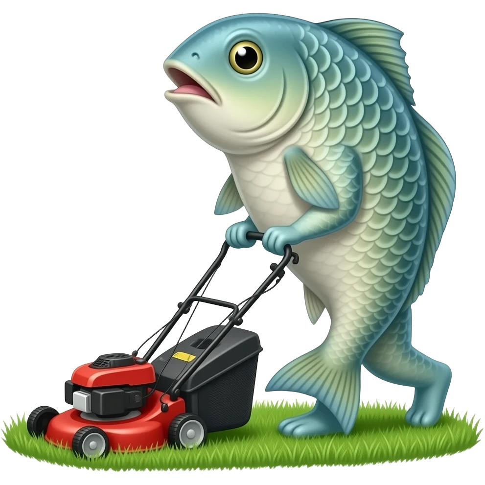 a fish mowing the lawn with a lawn mower emoji