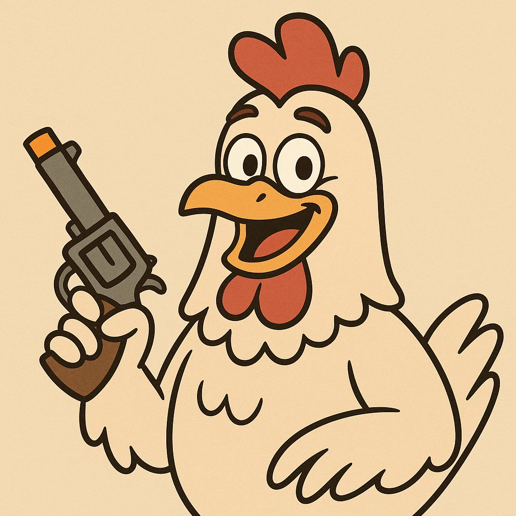 cartoon chicken holding a toy pistol with an orange tip, smiling, colorful and friendly emoji