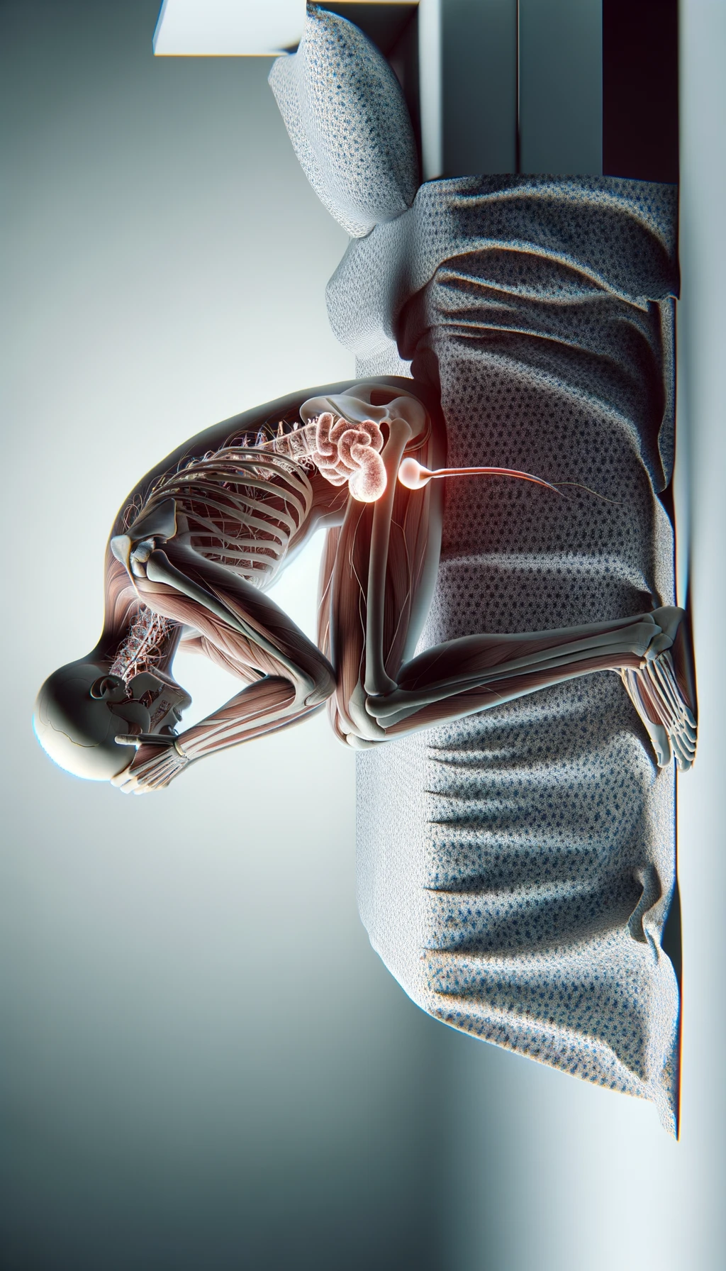 CORPO UMANO ANATOMICO SEDUTO NEL LETTO CHE NON RIESCE A DORMIRE, VESCICA ANATOMICA IN EVIDENZA, IPERREALISTICO SFONDO CHIARO NEUTRO emoji