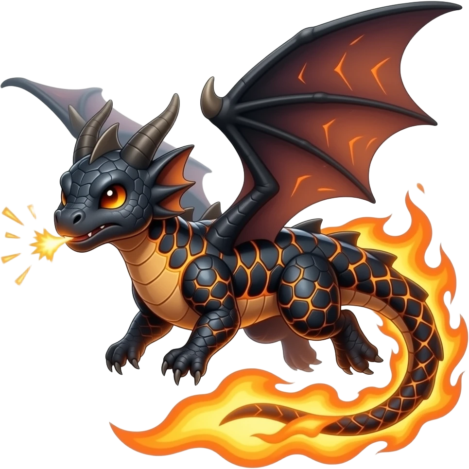 A small draconic creature covered in black scales with molten orange lines between them. It puffs sparks when annoyed and can flare into a blazing glide. emoji