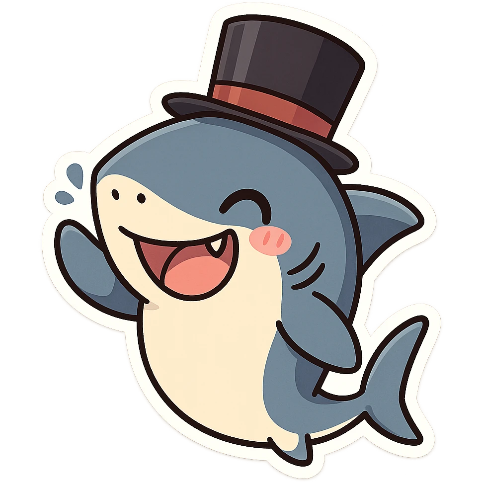 a fun and expressive shark wearing a top hat, cartoon style, playful, cute character, friendly and approachable emoji