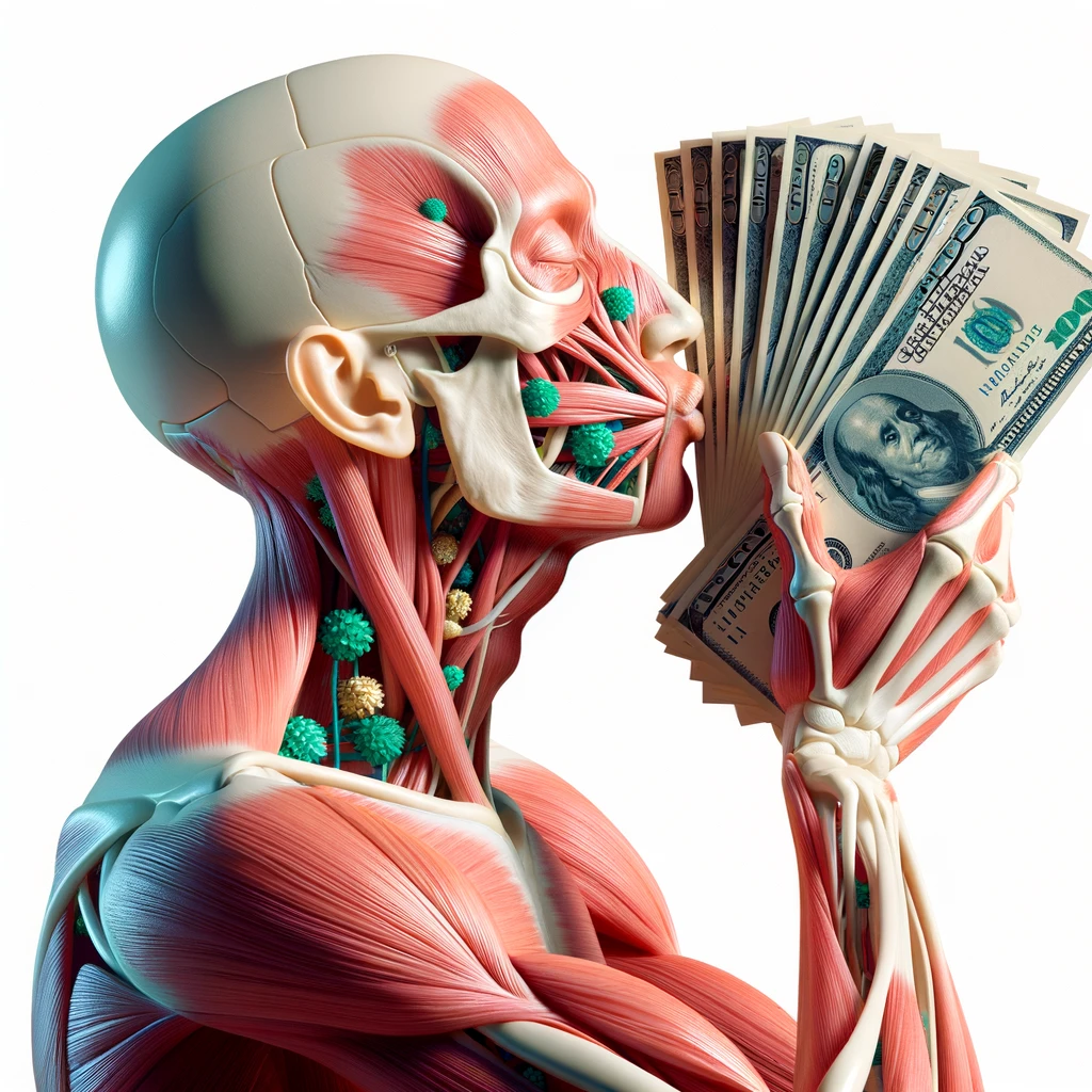 corpo umano anatomico che bacia una mazzetta di banconote, iperrealistica 4k, isolato su sfondo bianco emoji