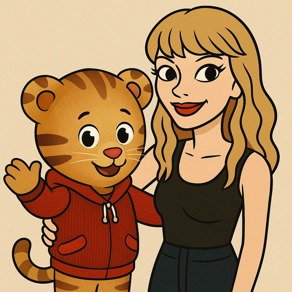 Daniel Tiger and Taylor Swift together, friendly and cheerful, cartoon style emoji