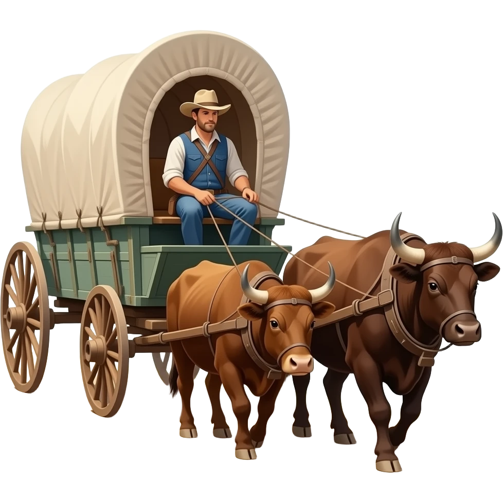 man sitting on seat of covered wagon and walking down the oregon trail with two oxen at the head of the wagon. emoji