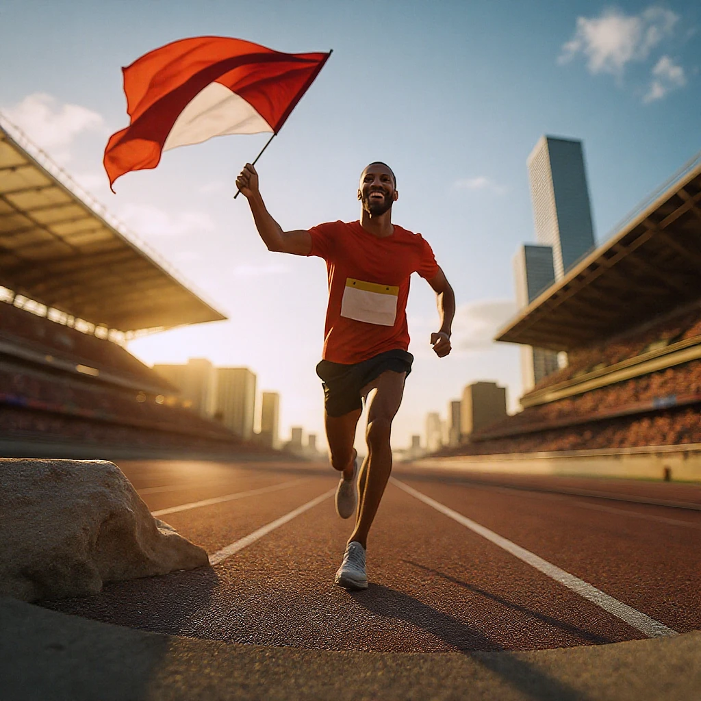 happy runner waving a flag of Olympic emoji