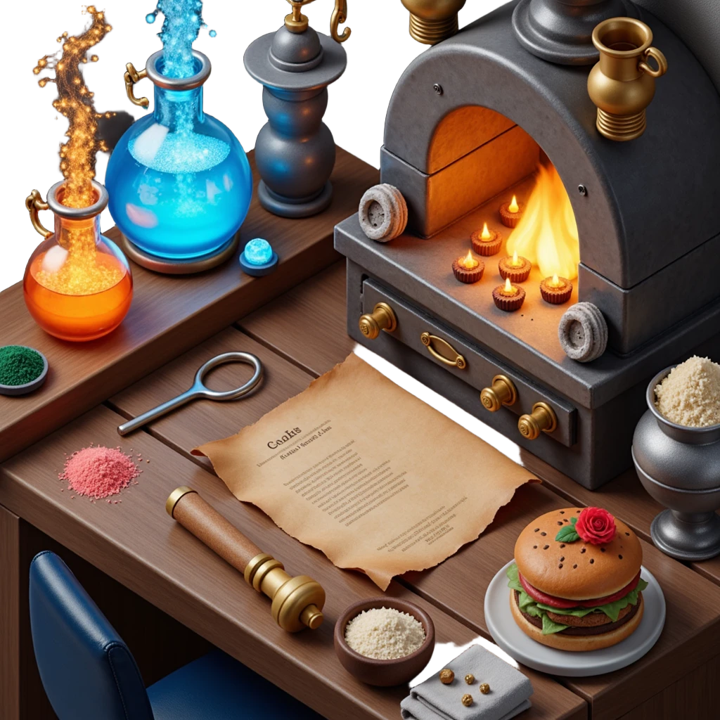 A mystical baker surrounded by bubbling glass flasks, enchanted ingredients, and a brass-trimmed oven. The workspace feels like a magical lab with parchment scrolls, glowing powders, and steampunk-style machinery. UI elements resemble aged parchment, crystal knobs, and smoky overlays. emoji