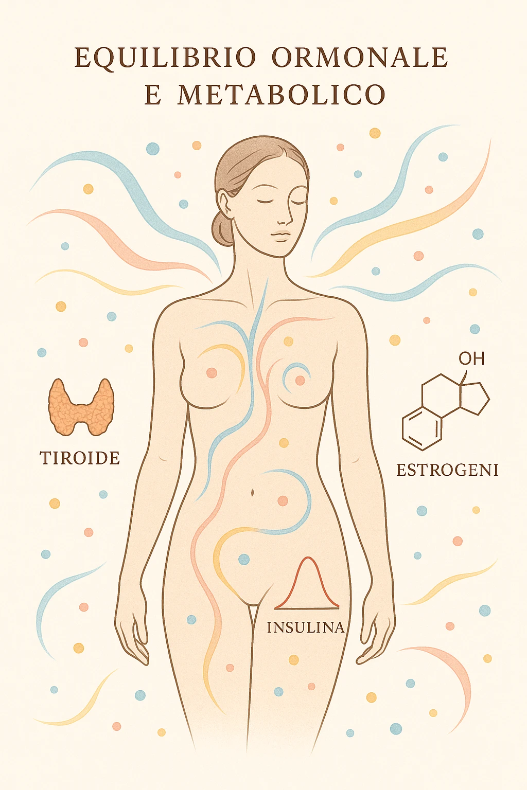 Il corpo è circondato da simboli delicati e bilanciati che rappresentano equilibrio ormonale e metabolico: piccoli cerchi, flussi energetici colorati, simboli stilizzati di tiroide, picco insulina, estrogeni. 4k immagine in italiano emoji
